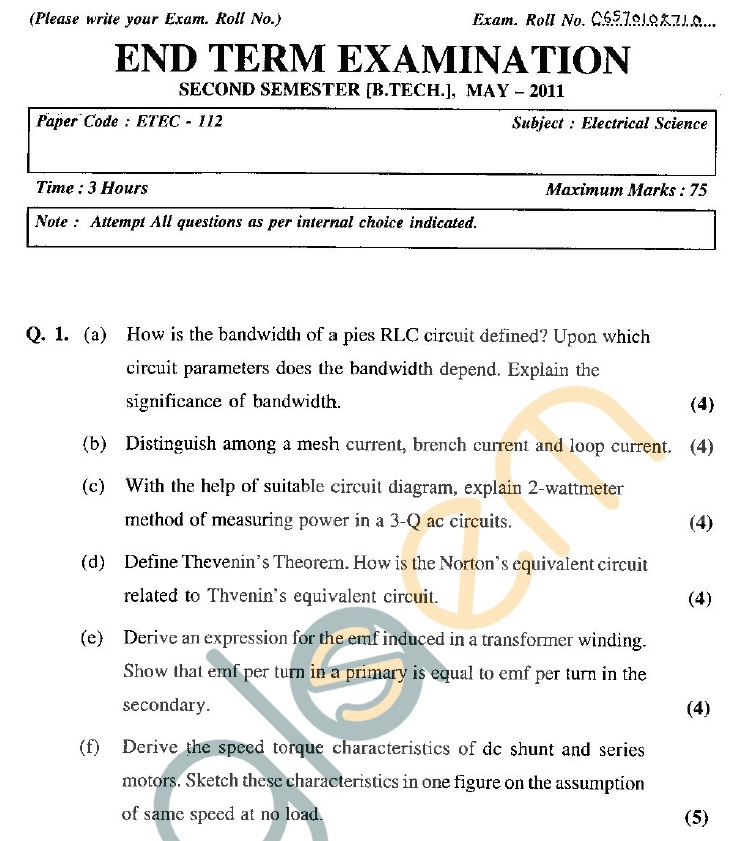 GGSIPU Question Papers Second Semester – end Term 2011 – ETEC -112