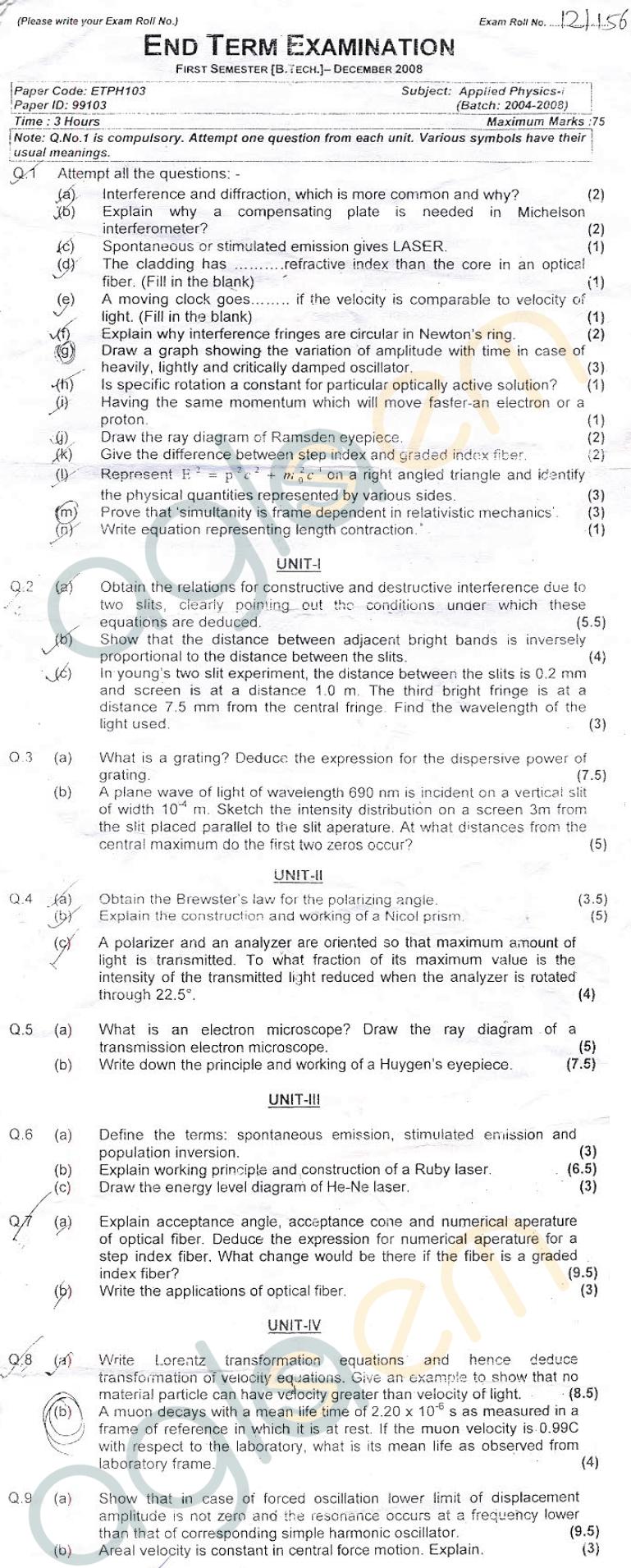 GGSIPU: Question Papers First Semester  end Term 2008  ETPH-103