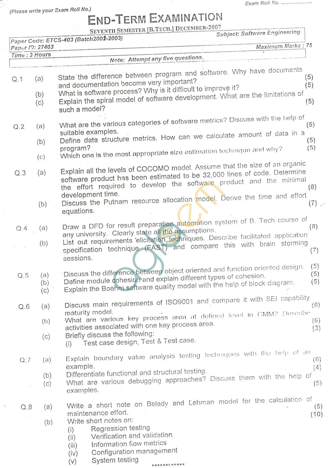GGSIPU: Question Papers Seventh Semester  end Term 2007  ETCS-403