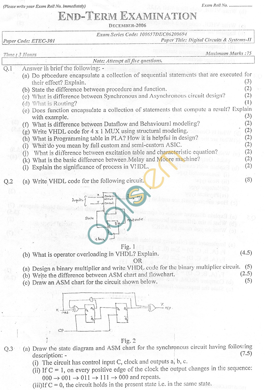 GGSIPU Question Papers Fifth Semester  end Term 2006  ETEC-301