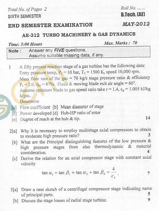DTU: Question Papers 2012 - 6 Semester - End Sem - AE-312