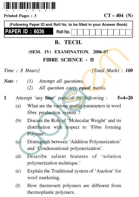 UPTU B.Tech Question Papers - CT-404(N) - Fibre Science-II