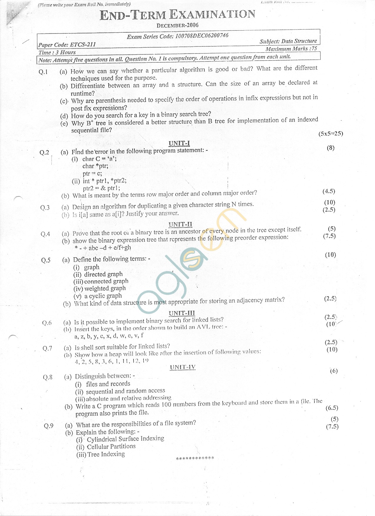 GGSIPU Question Papers Third Semester – End Term 2006 – ETCS-211