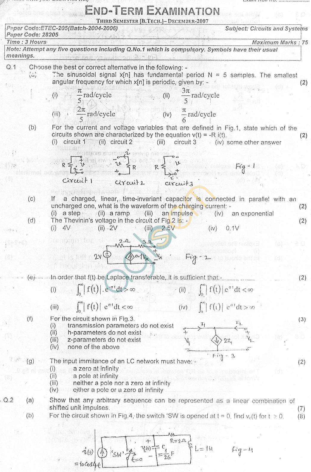 GGSIPU Question Papers Third Semester – End Term 2007 – ETEC-205