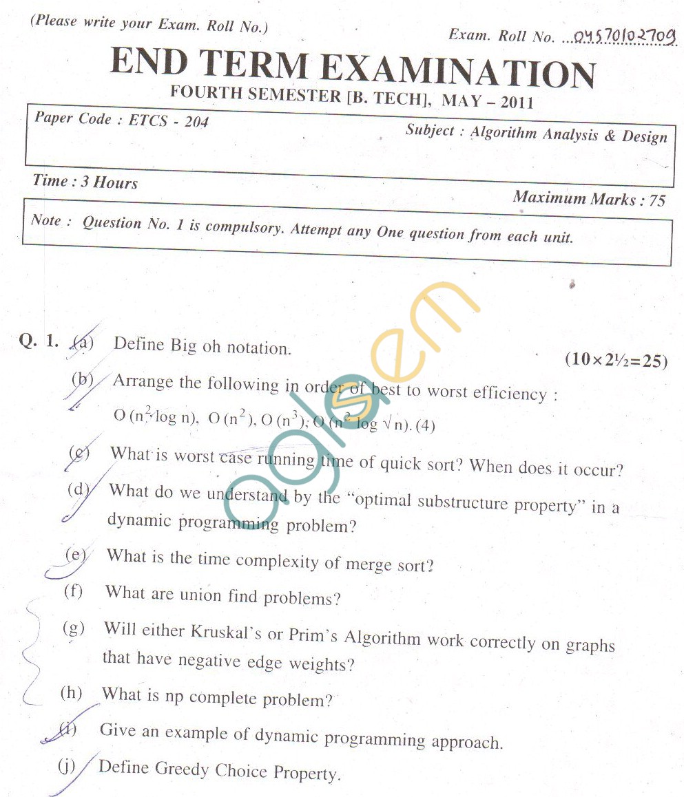 GGSIPU Question Papers Fourth Semester – End Term 2011 – ETCS-204