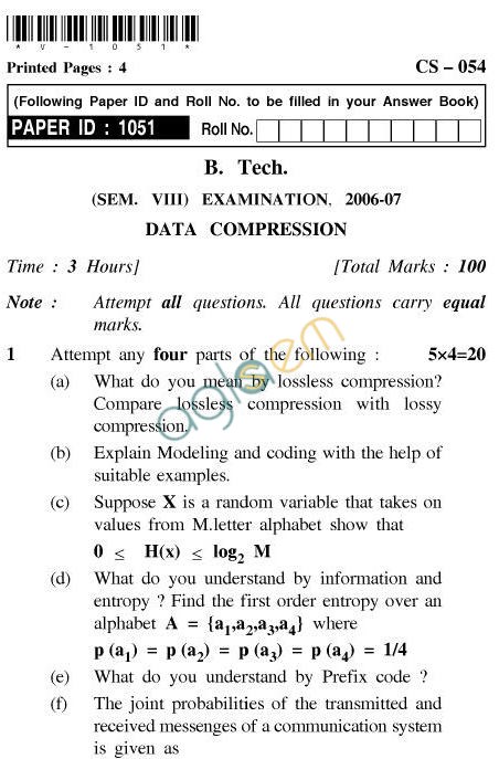 UPTU B.Tech Question Papers - CS-054-Data Compression
