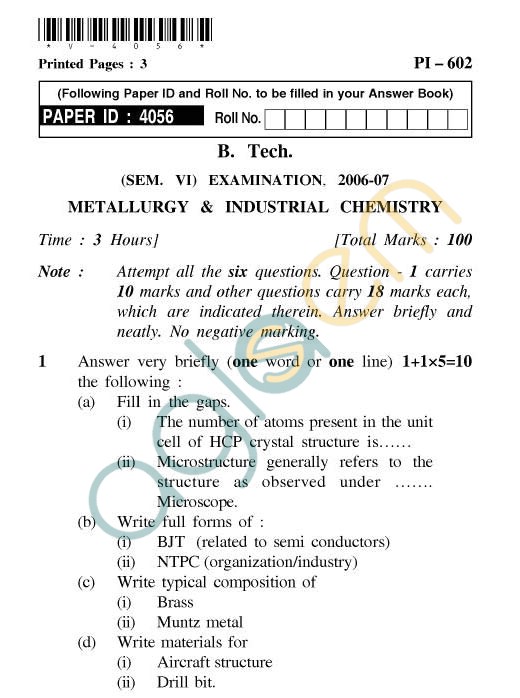 AKTU B.Tech Question Paper - PI-602 - Metallurgy & Industrial Chemistry