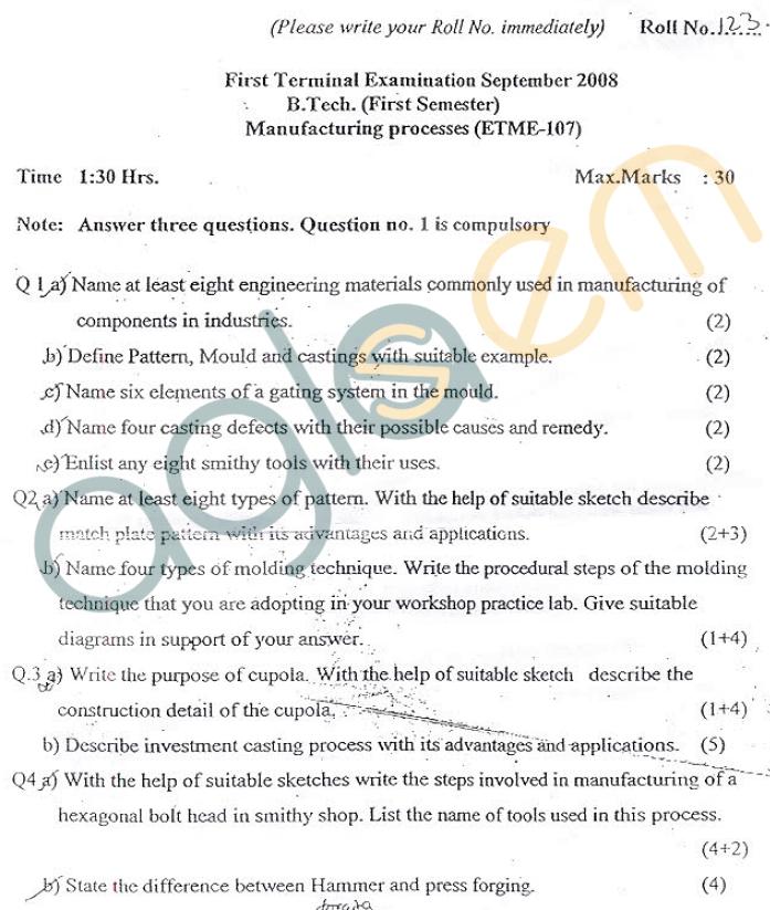 GGSIPU: Question Papers First Semester - First Term 2008 - ETME-107