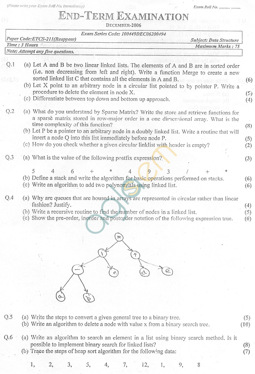 GGSIPU Question Papers Third Semester  End Term 2006  ETCS-211