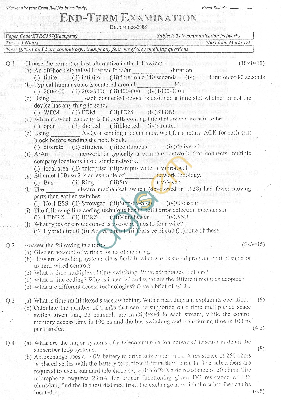 GGSIPU Question Papers Fifth Semester  end Term 2006  ETEC-307