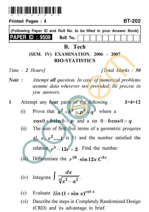 UPTU: B.Tech Question Papers - BT-202 - Bio-Statistics