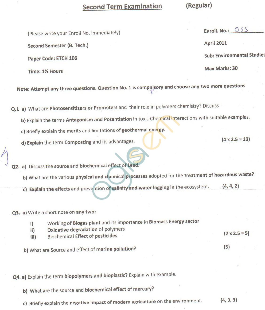 GGSIPU Question Papers Second Semester  Second Term 2011  ETCH-106