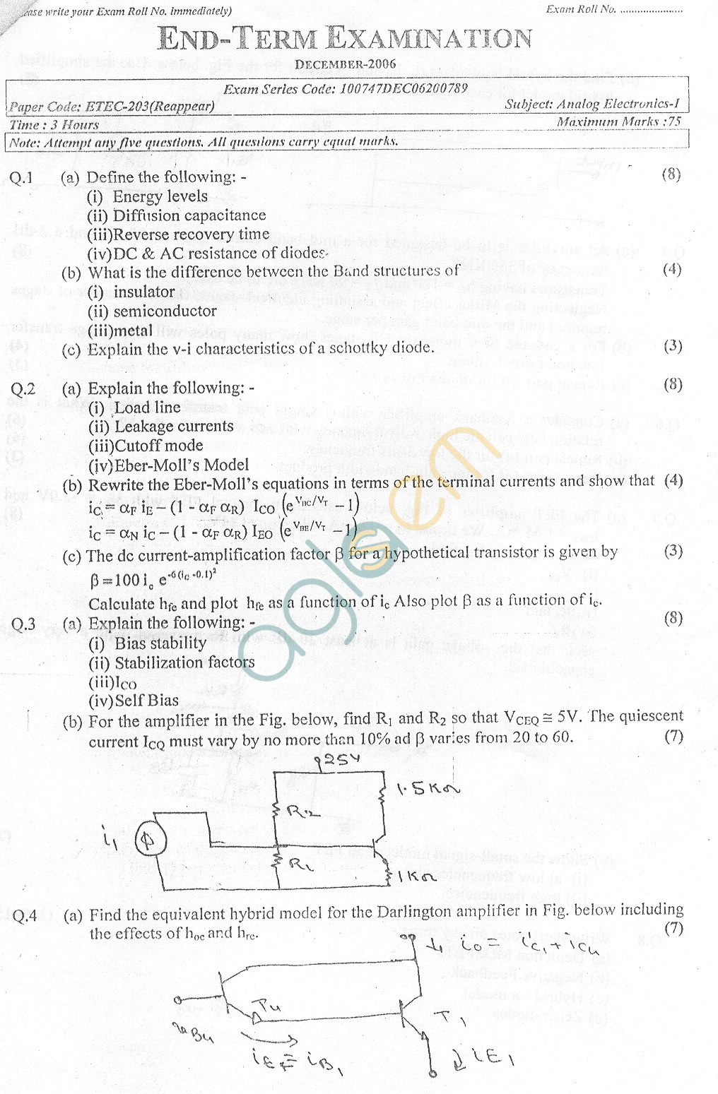 GGSIPU Question Papers Third Semester – End Term 2006 – ETEC-203