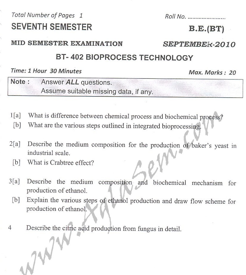 DTU Question Papers 2010 – 7 Semester - Mid Sem -  BT-402