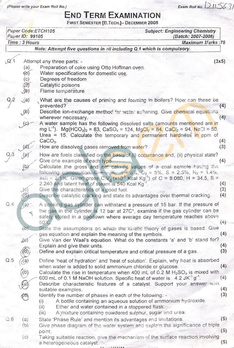 GGSIPU: Question Papers First Semester – end Term 2008 – ETCH-105