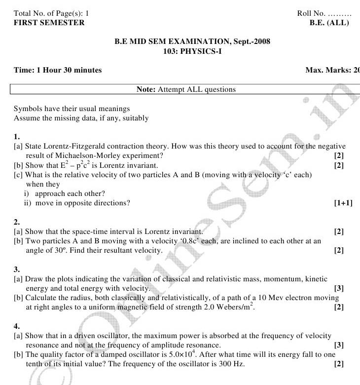 NSIT Question Papers 2008 – 1 Semester - Mid Sem - All Branches-103