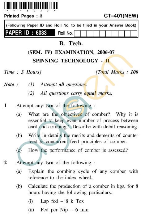 UPTU B.Tech Question Papers - CT-401(N) - Spinning Technology-II
