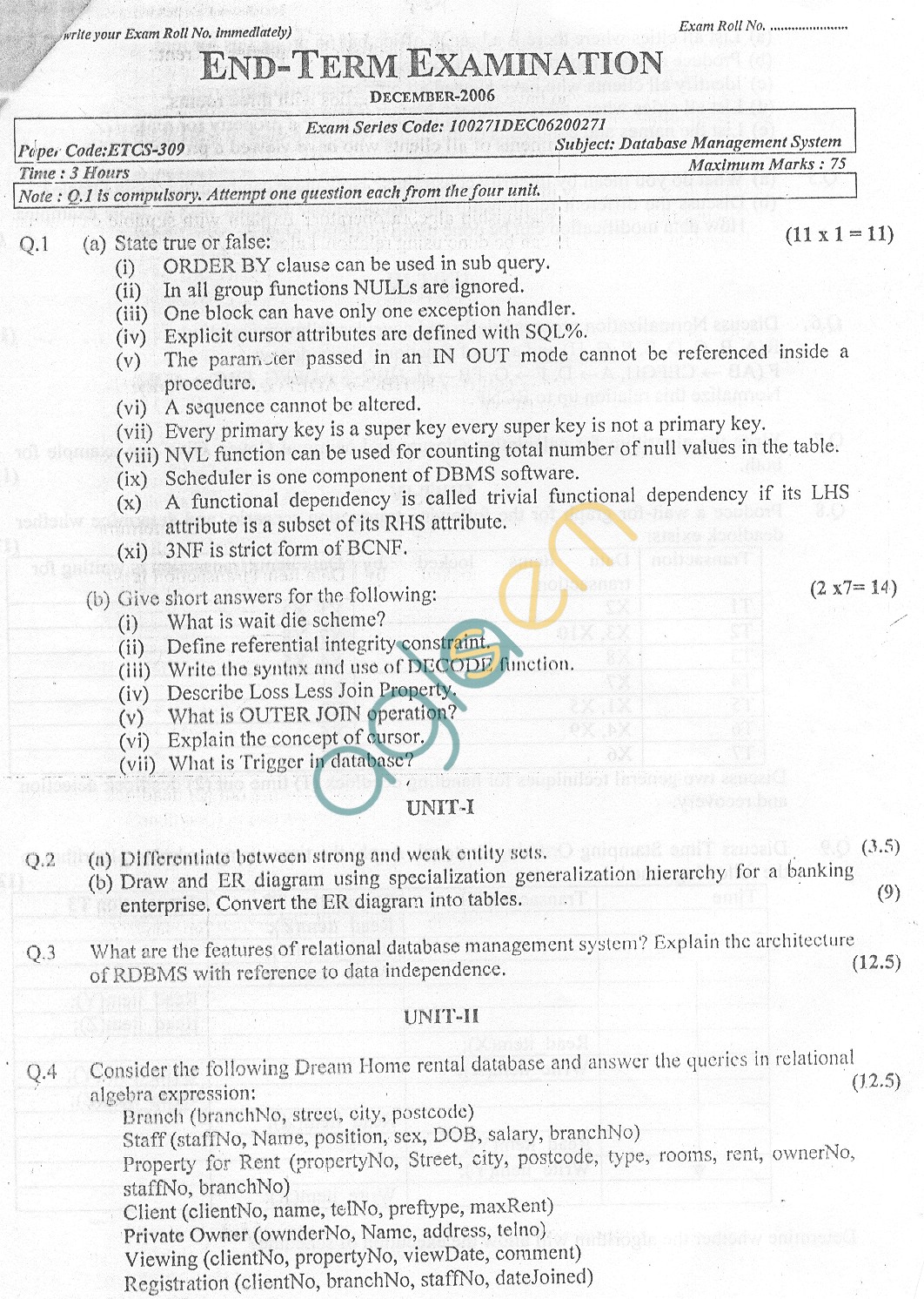 GGSIPU Question Papers Fifth Semester – end Term 2006 – ETCS-309