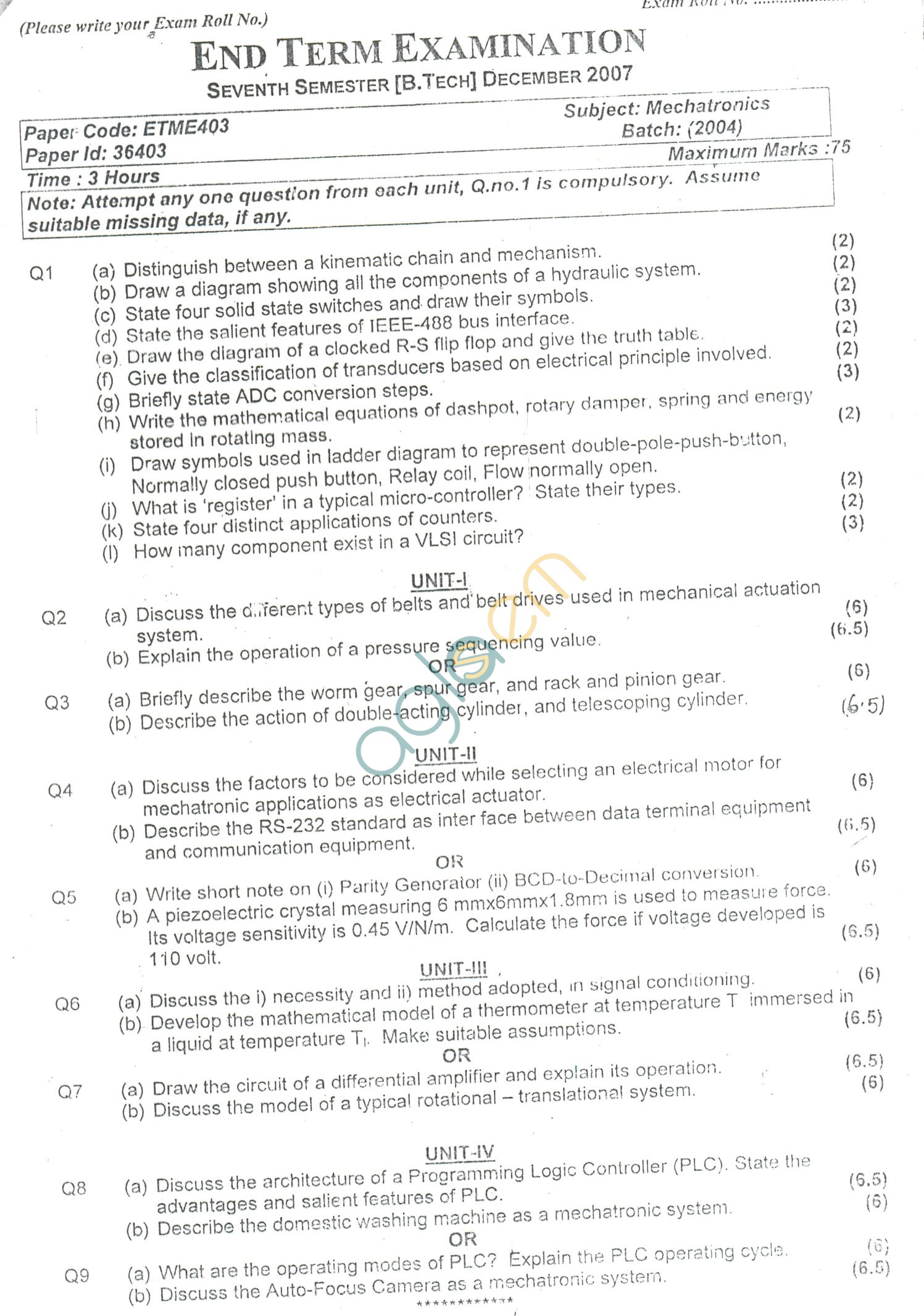 GGSIPU: Question Papers Seventh Semester  end Term 2007  ETME-403