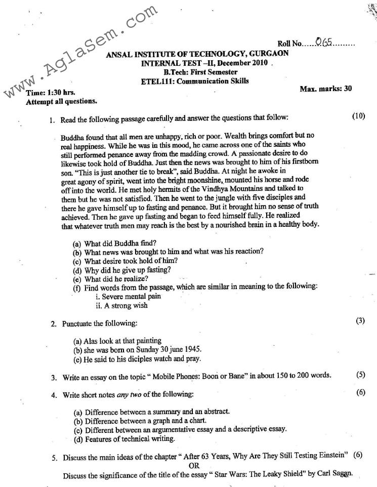 GGSIPU: Question Papers First Semester  Second Term 2010  ETEL-111