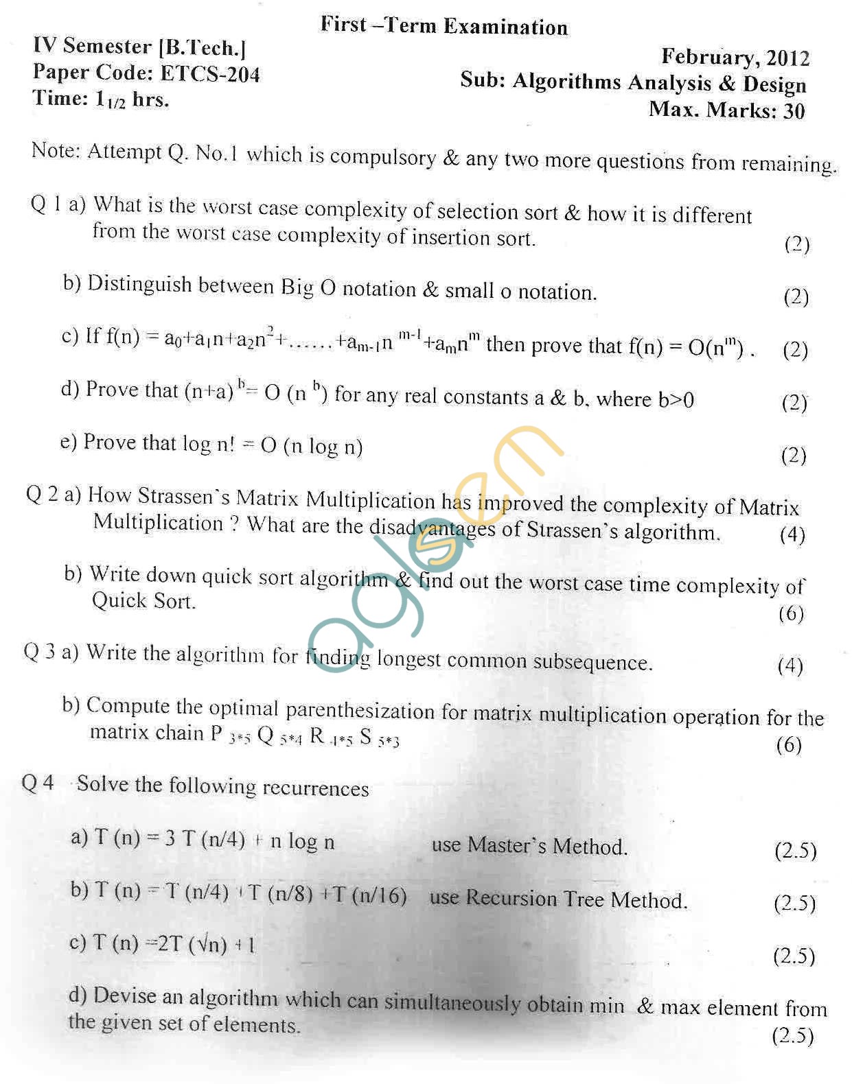 GGSIPU Question Papers Fourth Semester – First Term 2012 – ETCS-204