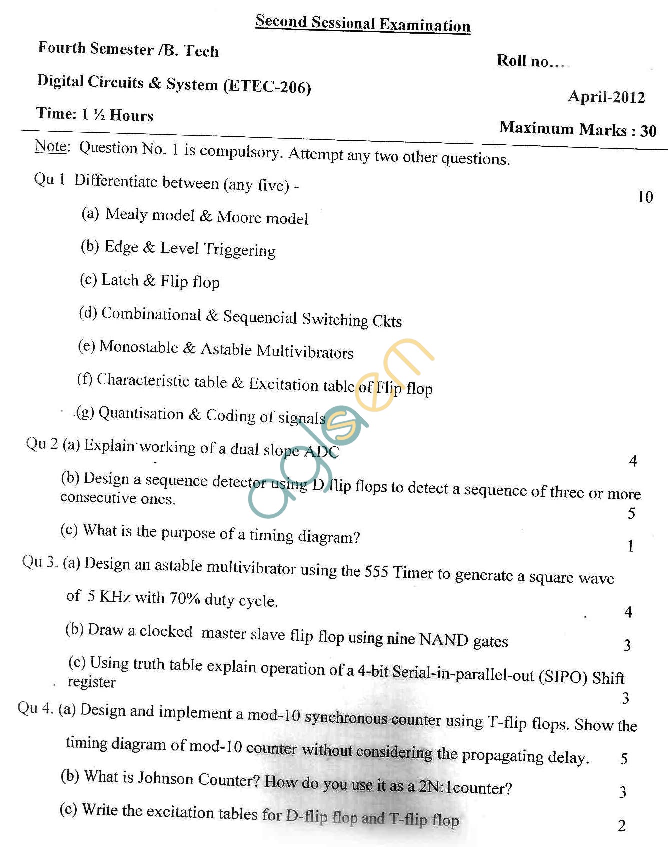 GGSIPU Question Papers Fourth Semester – Second Term 2012 – ETEC-206