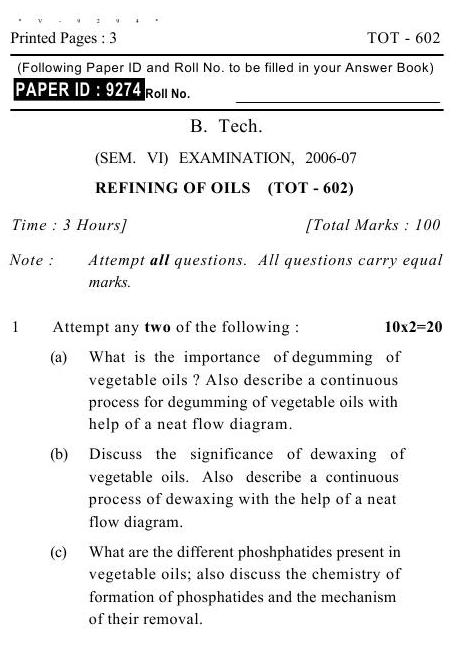 UPTU B.Tech Question Papers -TOT-602- Refining of Oils