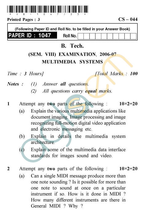 UPTU B.Tech Question Papers - CS-044 - Multimedia Systems