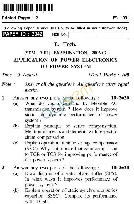 UPTU B.Tech Question Papers - EN-031-Application of Power Electronics to Power System