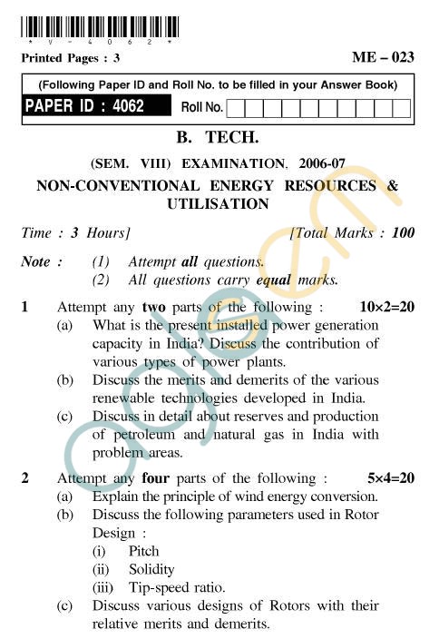 UPTU: B.Tech Question Papers - ME-023 - Non-Conventional Energy Resources & Utilisation