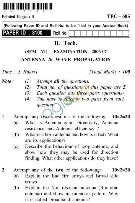 UPTU: B.Tech Question Papers - TEC-605-Antenna & Wave Propagation