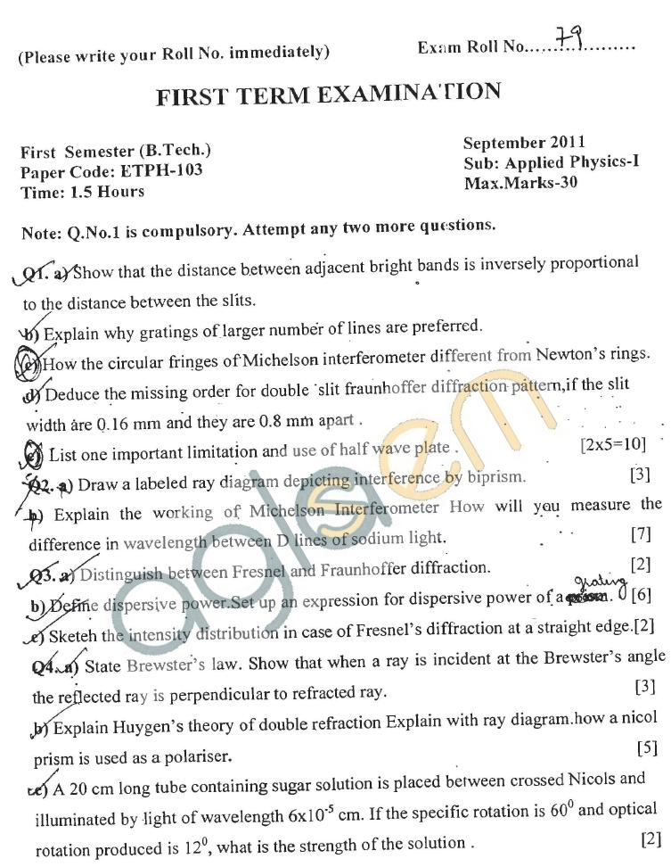 GGSIPU Question Papers First Semester - First Term 2011 - ETPH-103