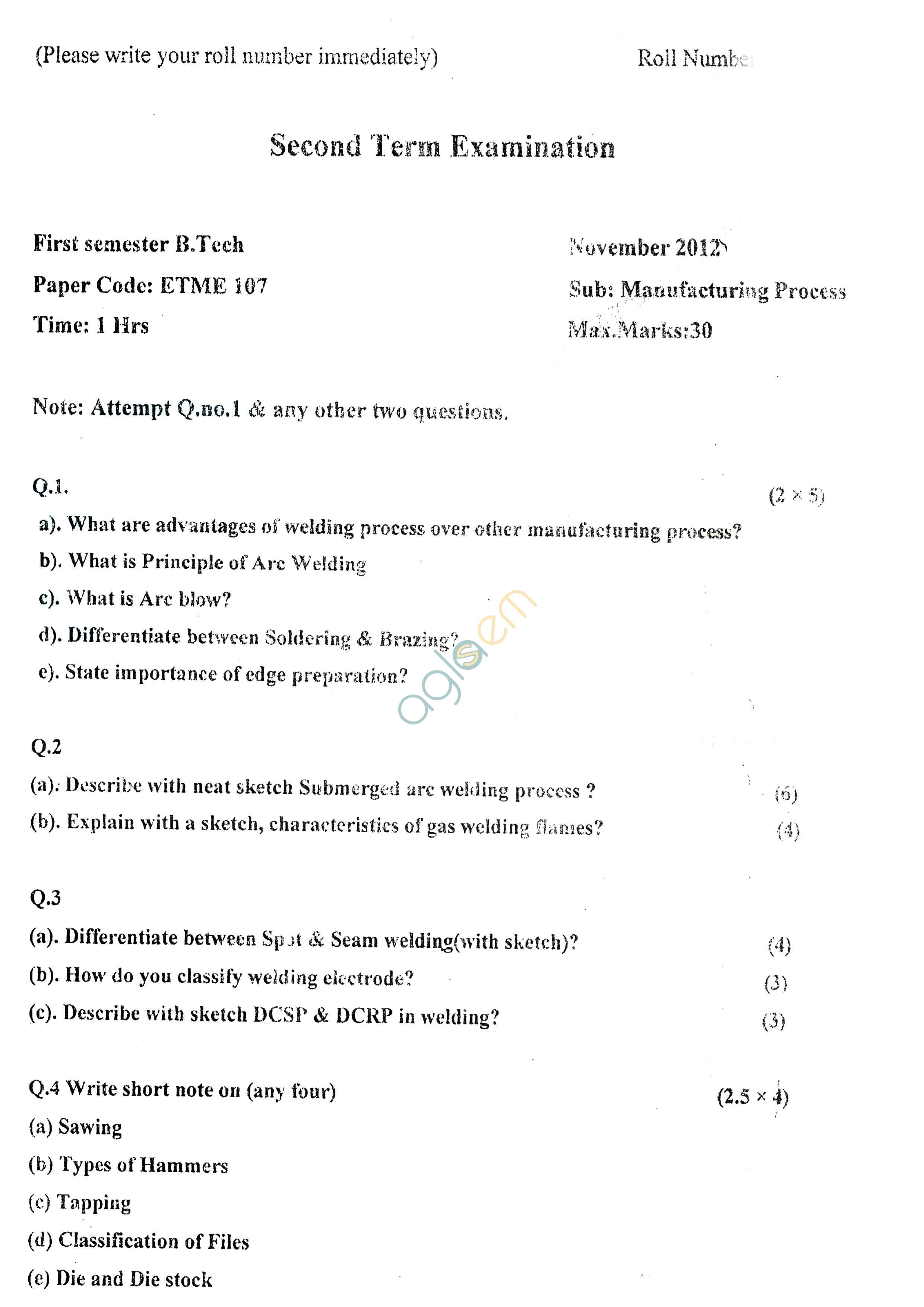 GGSIPU: Question Papers First Semester – Second Term 2012 – ETME-107