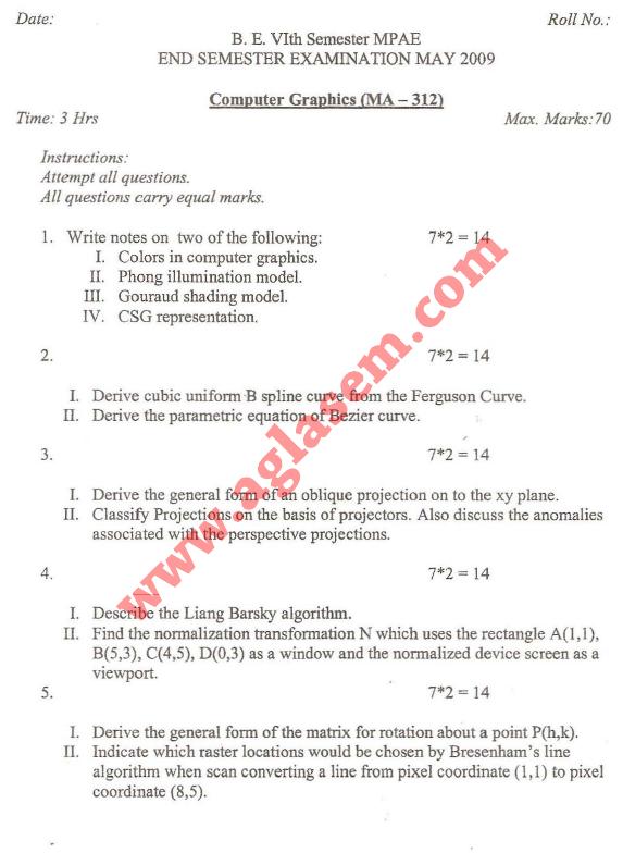 NSIT: Question Papers 2009  6 Semester - End Sem - MA-312