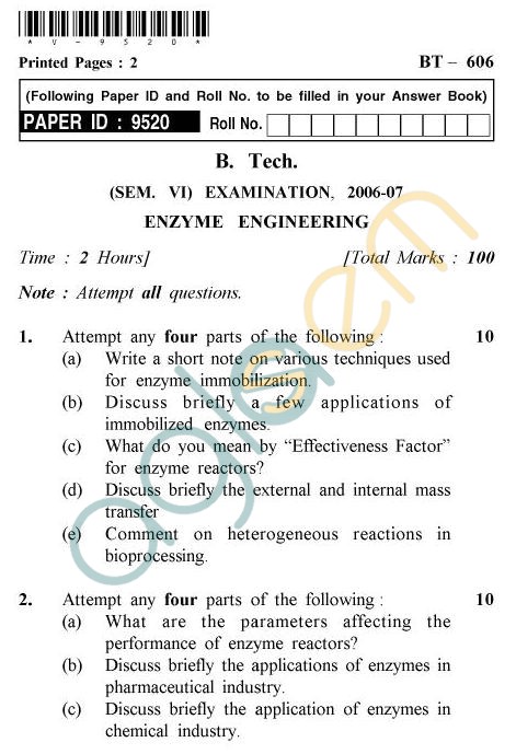 UPTU B.Tech Question Papers - BT-606 - Enzyme Engineering
