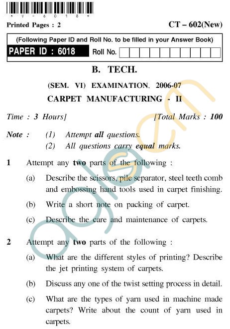 UPTU B.Tech Question Papers - CT-602 - Carpet Manufacturing-II