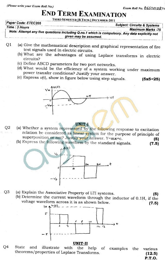 GGSIPU Question Papers Third Semester  End Term 2011  ETEC-205
