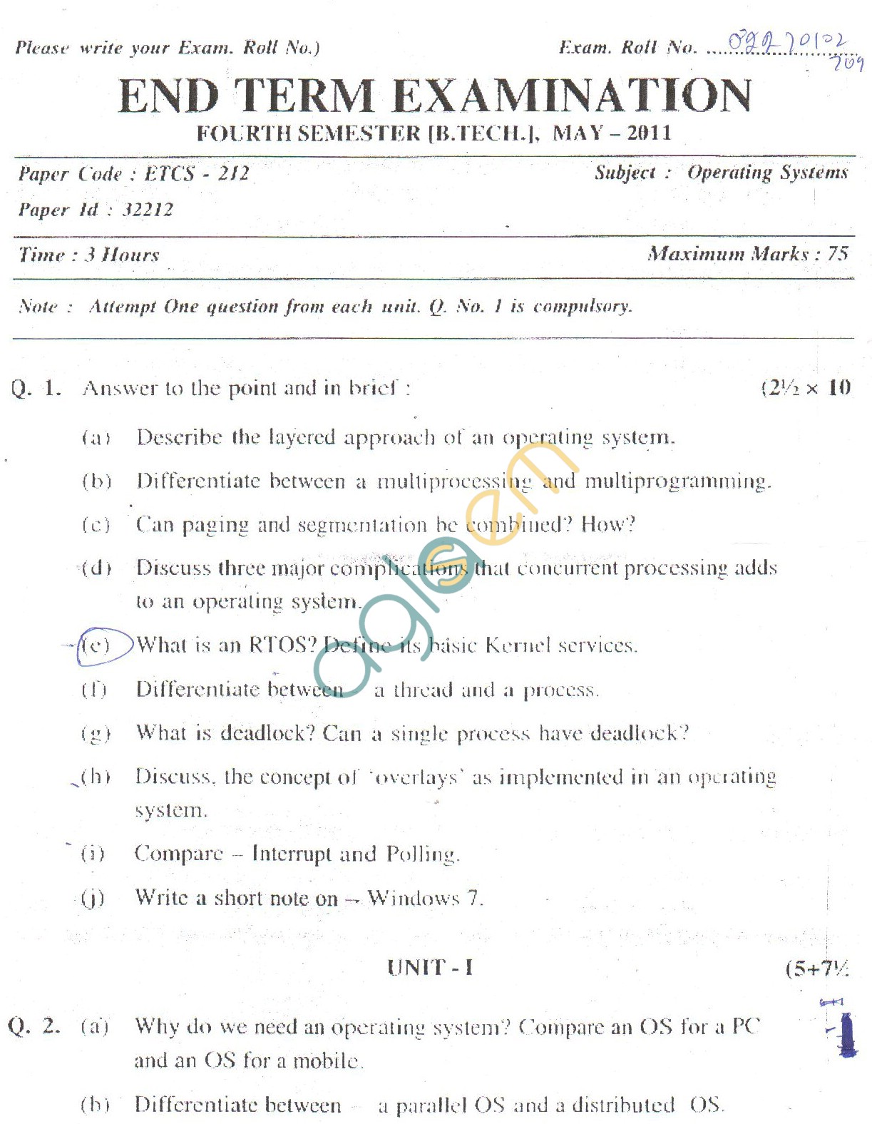GGSIPU Question Papers Fourth Semester – End Term 2011 – ETCS-212