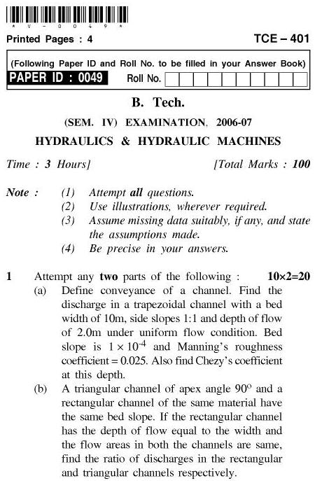 UPTU B.Tech Question Papers - TCE-401-Hydraulics & Hydraulic Machines