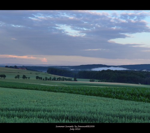 sunset evening landscape fields sky green blue germany deutschland nature view clouds fog mist summer