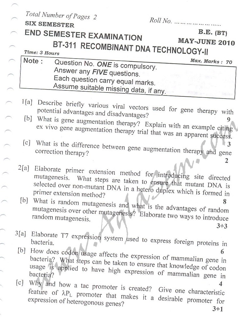 DTU Question Papers 2010 – 6 Semester - End Sem - BT-311