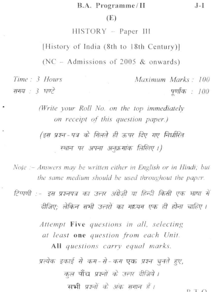 DU SOL B.A. Programme Question Paper - (HS3) History of India 8th to 18th Century - Paper V