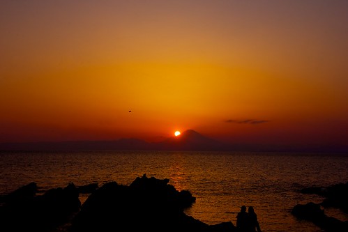 sunset red sea people orange sun mountain bird silhouette rock japan couple gulf shore blackkite seashore kanagawa 富士山 mtfuji jogashima 城ヶ島 日の入り