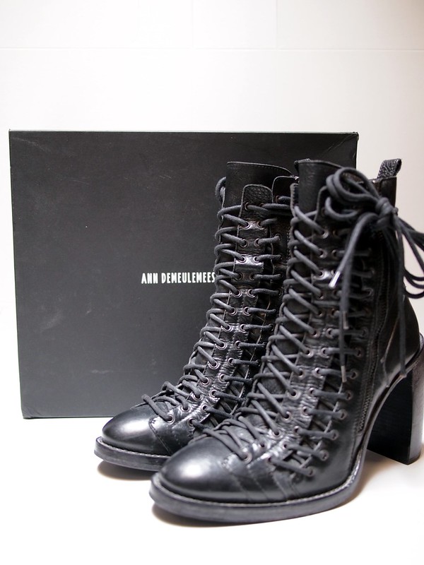 ANN DEMEULEMEESTER Triple Lace Up Talon Heel Black Leather Ankle Boot ...