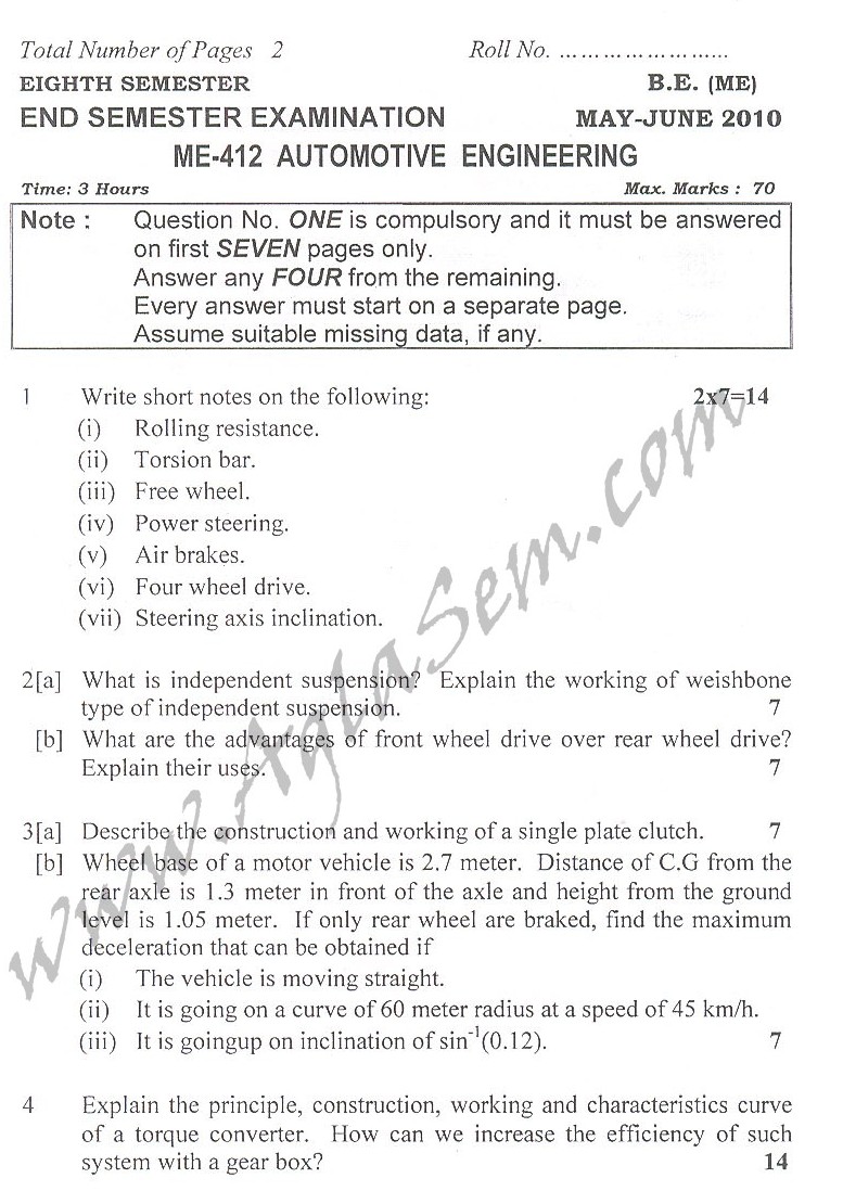 DTU Question Papers 2010 – 8 Semester - End Sem - ME-412