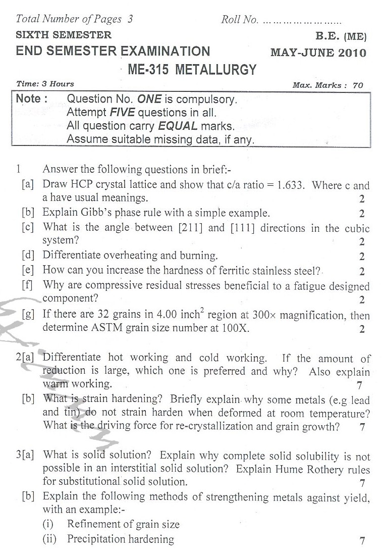 DTU Question Papers 2010 – 6 Semester - End Sem - ME-315