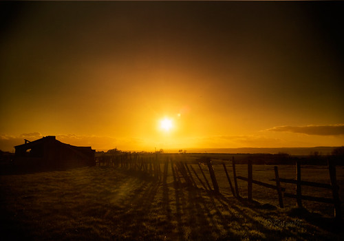 uk sunset shadow barn fence landscape countryside moor