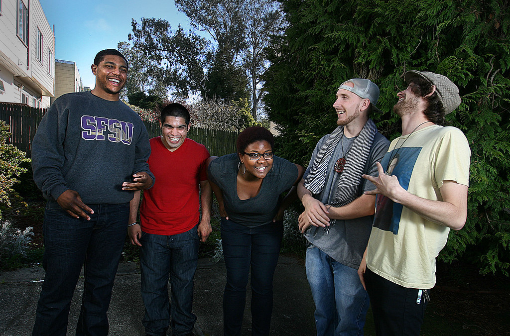 Members of SPEAK, a poetry group based out of SF State. From left to right: Anthony May, Jarvis Subia, Imani Cezanne, Andrew Bigelow, and Cosmo Goodnick. Photo by Andy Sweet/Xpress