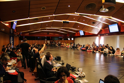 SpaceUp Paris crowd seated at the Council Room table at ESA HQ