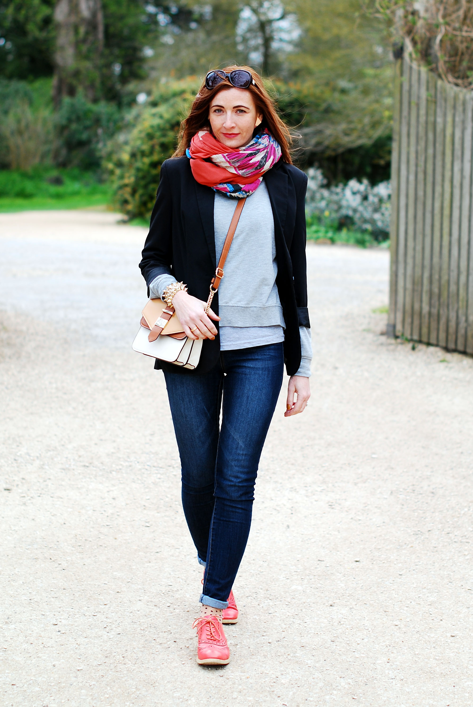 Black blazer & multi coloured scarves